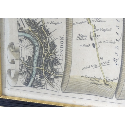 2032 - Map: An engraved strip road map, titled The Road from London to Buckingham, after John Ogilby. Appro... 