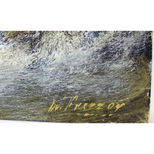 1245 - W. Freezor, 20th century, Oil on card, A seascape with crashing waves, birds in flight and boats bey... 