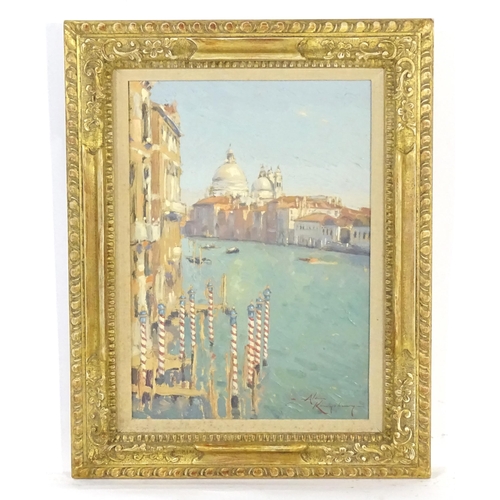 Alan Kingsbury (b.1960), Oil on board, A view of Santa Maria della Salute, Venice, Italy. Signed lower right and ascribed verso. Exhibited at the Jonathan Cooper Gallery, November 1989. Approx. 13 1/2" x 9 1/2"