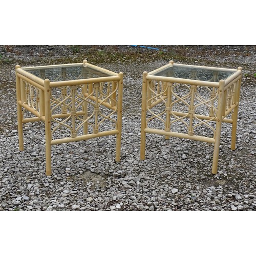 2 - Pair of rattan style glass top tables. Approx  20