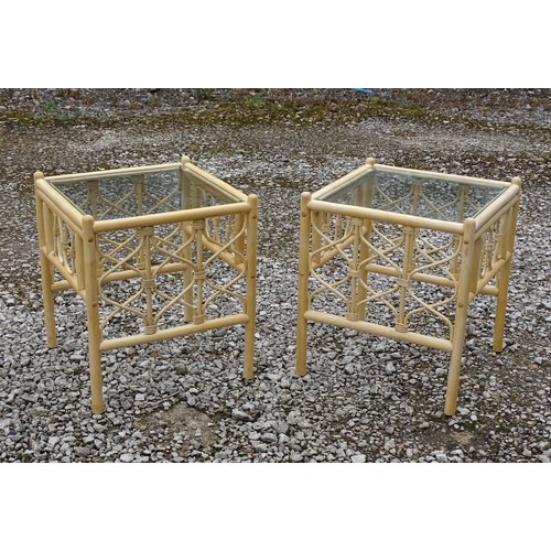 2 - Pair of rattan style glass top tables. Approx  20