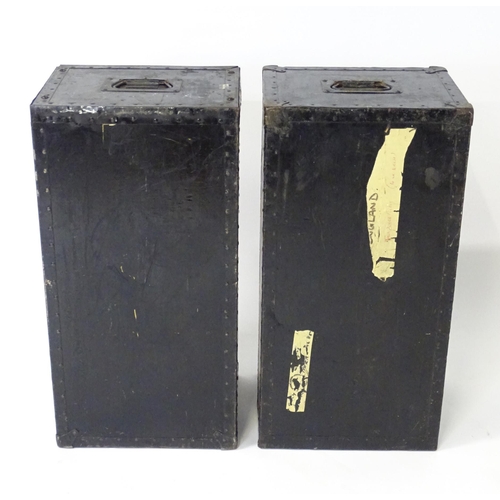 29 - Militaria: a mid 20thC pair of crates / step mounts , in black painted finish with metal handles. On... 