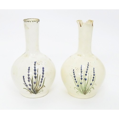 32 - Two French studio pottery vases with hand painted lavender detail. Marked under Beaumont du Perigord... 