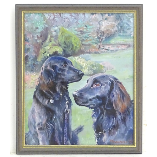 68 - S. Beaumont, 20th century, English School, Oil on canvas, Two black retriever dogs in a garden. Sign... 