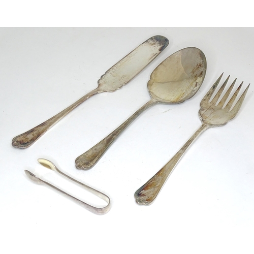 954 - A silver plate 3-piece serving set together with silver plate sugar tongs. Longest 11