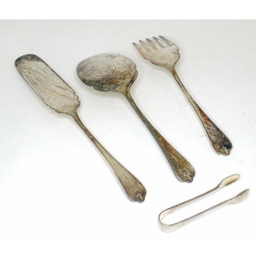 954 - A silver plate 3-piece serving set together with silver plate sugar tongs. Longest 11