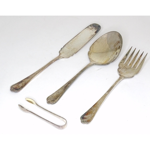 954 - A silver plate 3-piece serving set together with silver plate sugar tongs. Longest 11