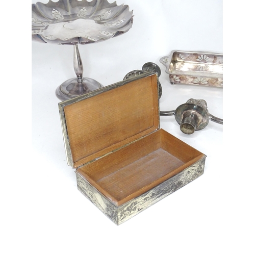 962 - Assorted silver plated items together with a Japanese cigarette box with scene to top depicting moun... 