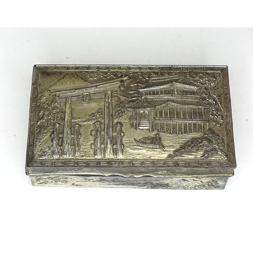 962 - Assorted silver plated items together with a Japanese cigarette box with scene to top depicting moun... 