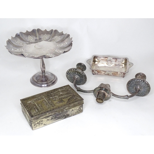 962 - Assorted silver plated items together with a Japanese cigarette box with scene to top depicting moun... 