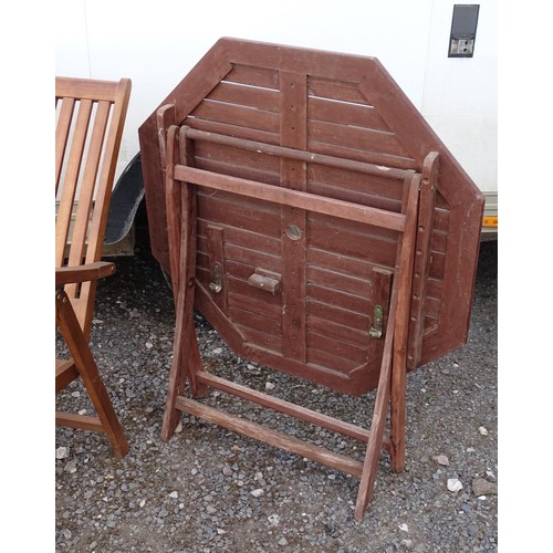 965 - Four items of garden furniture, comprising an octagonal folding garden table, a reclining teak chair... 