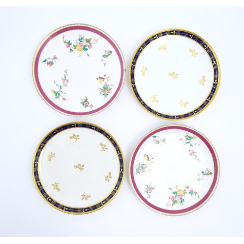 67 - Four 19thC Copeland plates, two decorated with flowers and foliage, and two with gilt decoration dep... 