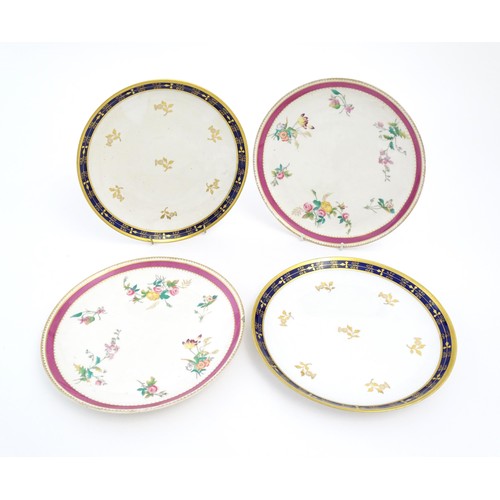 67 - Four 19thC Copeland plates, two decorated with flowers and foliage, and two with gilt decoration dep... 