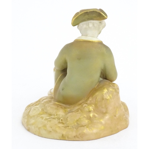 108 - A Royal Worcester figure modelled as a seated piper boy wearing a tricorn hat. Marked under and numb... 