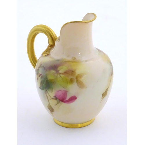 106 - A Royal Worcester flatback jug with a shaped spout, with painted decoration depicting rose flowers a... 