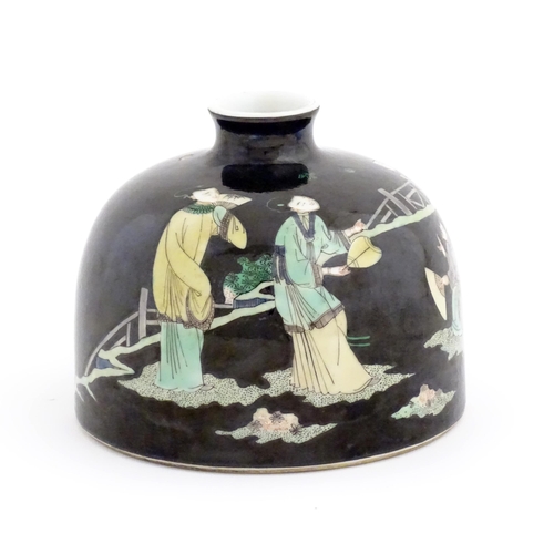 23 - A Chinese famille noir brush wash pot of domed form decorated with figures in a garden landscape. Ch... 