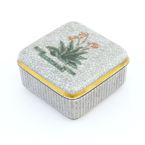 70 - A Royal Copenhagen pot and cover of squared form with a crackle glaze and hand painted Nicotiana flo... 