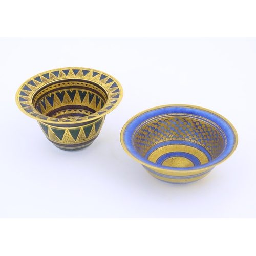 75 - Two studio pottery bowls by Mary Rich (b.1940) with blue and gilt geometric detail. Marked under. La... 