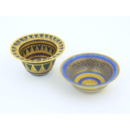 75 - Two studio pottery bowls by Mary Rich (b.1940) with blue and gilt geometric detail. Marked under. La... 