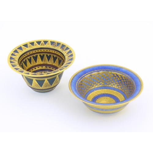 75 - Two studio pottery bowls by Mary Rich (b.1940) with blue and gilt geometric detail. Marked under. La... 