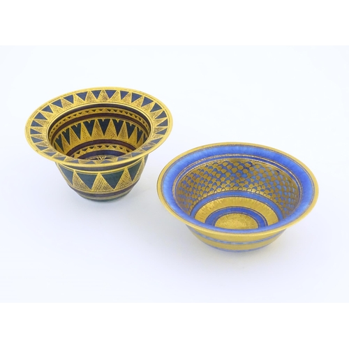 75 - Two studio pottery bowls by Mary Rich (b.1940) with blue and gilt geometric detail. Marked under. La... 