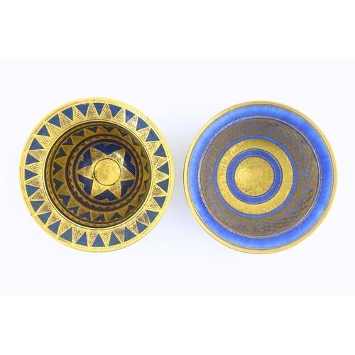 75 - Two studio pottery bowls by Mary Rich (b.1940) with blue and gilt geometric detail. Marked under. La... 