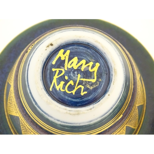 75 - Two studio pottery bowls by Mary Rich (b.1940) with blue and gilt geometric detail. Marked under. La... 