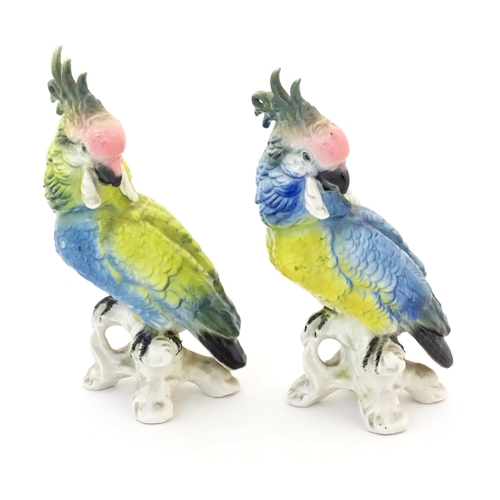 96 - Two Karl Ens models of parrots / cockatiels in blue and yellow with pink heads. Marked under. Approx... 