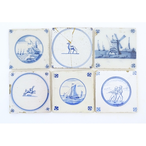 123 - Six blue and white Delft tiles, decoration to include a seascape with boats, windmill with boats bey... 