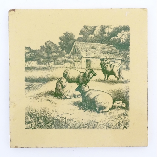 124 - A Minton tile with transfer printed decoration depicting sheep in a landscape. Approx. 8