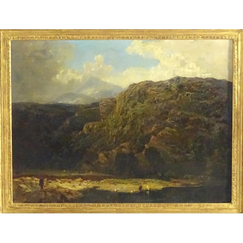 1850 - Indistinctly signed A. G. V?, 19th century, Oil on canvas, A mountain landscape with a figures and a... 