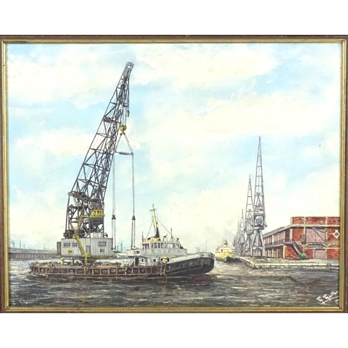 1864 - Mackenzie W. Moulton, 20th century, Oil on canvas, An industrial port scene with the floating crane ... 