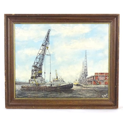 1864 - Mackenzie W. Moulton, 20th century, Oil on canvas, An industrial port scene with the floating crane ... 