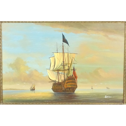 1866 - Ambrose, 20th century, Continental School, Oil on canvas, A man o war ship at anchor. Signed lower r... 