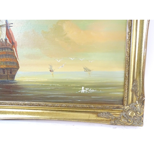 1866 - Ambrose, 20th century, Continental School, Oil on canvas, A man o war ship at anchor. Signed lower r... 