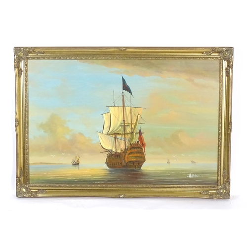 1866 - Ambrose, 20th century, Continental School, Oil on canvas, A man o war ship at anchor. Signed lower r... 