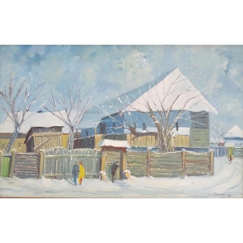 1867 - Tibor Tolnay, Hungarian School, Oil on canvas, The village of Farkaslaka, Romania in snow with figur... 