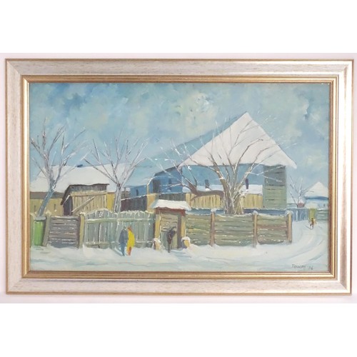 1867 - Tibor Tolnay, Hungarian School, Oil on canvas, The village of Farkaslaka, Romania in snow with figur... 