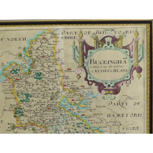 2027 - Map: A 17th / 18thC engraved map of Buckingham, after Christopher Saxton / William Hole. Approx. 11