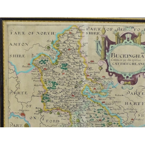 2027 - Map: A 17th / 18thC engraved map of Buckingham, after Christopher Saxton / William Hole. Approx. 11