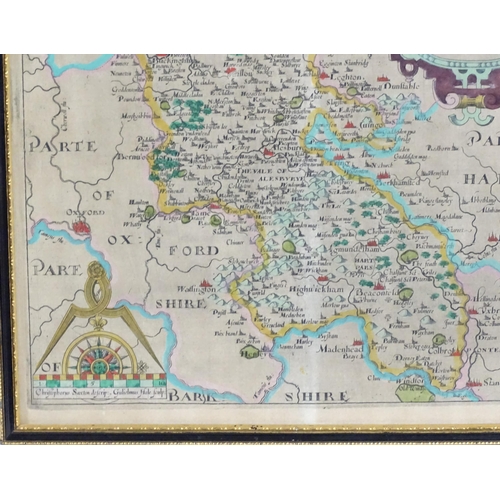 2027 - Map: A 17th / 18thC engraved map of Buckingham, after Christopher Saxton / William Hole. Approx. 11