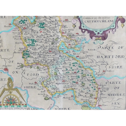 2027 - Map: A 17th / 18thC engraved map of Buckingham, after Christopher Saxton / William Hole. Approx. 11