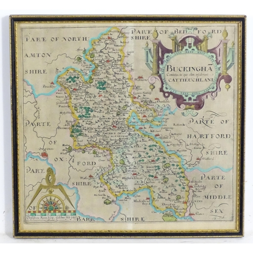 2027 - Map: A 17th / 18thC engraved map of Buckingham, after Christopher Saxton / William Hole. Approx. 11