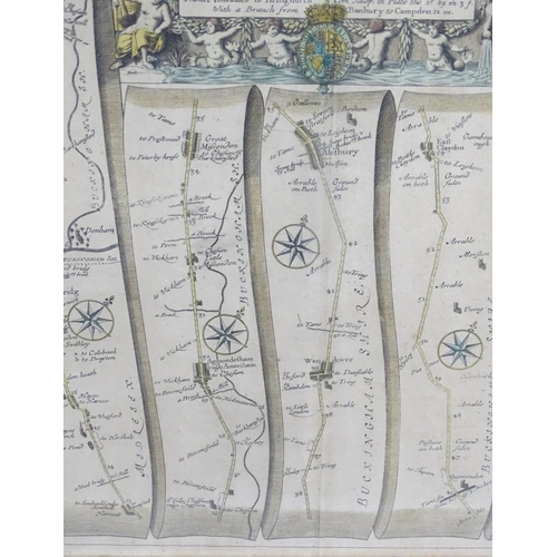 2028 - Map: An engraved strip road map, titled The Road from London to Buckingham, after John Ogilby. Appro... 