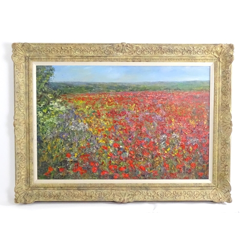 Michael J. Strang (1942-2021), Oil on board, Poppy Field, Whitecross, near Penzance, Cornwall. Signed titled and dated (19)97 verso. Approx. 23 1/2" x 35 1/4"
