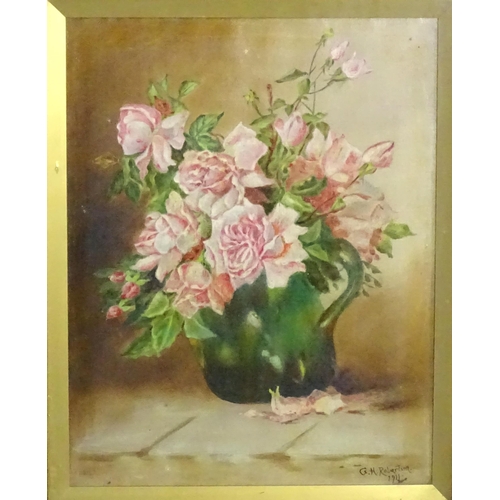 1807 - G. H. Robertson, Early 20th century, Oil on canvas, A still life study with roses in a green jug. Si... 