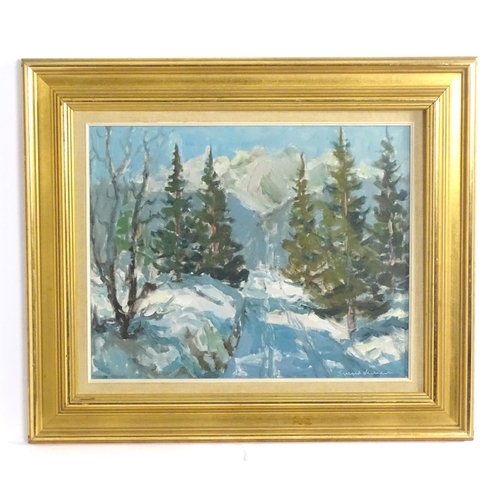 1809 - Svend Nielsen (1908-1993), Danish School, Oil on canvas, A winter mountain landscape with a track th... 