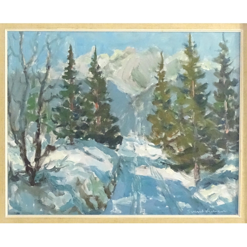 1809 - Svend Nielsen (1908-1993), Danish School, Oil on canvas, A winter mountain landscape with a track th... 