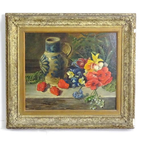 1813 - 20th century, Oil on board, A still life study with a German salt glazed stoneware vase with blue fl... 