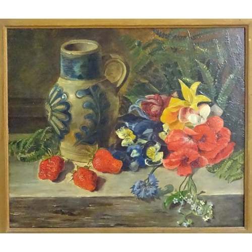 1813 - 20th century, Oil on board, A still life study with a German salt glazed stoneware vase with blue fl... 